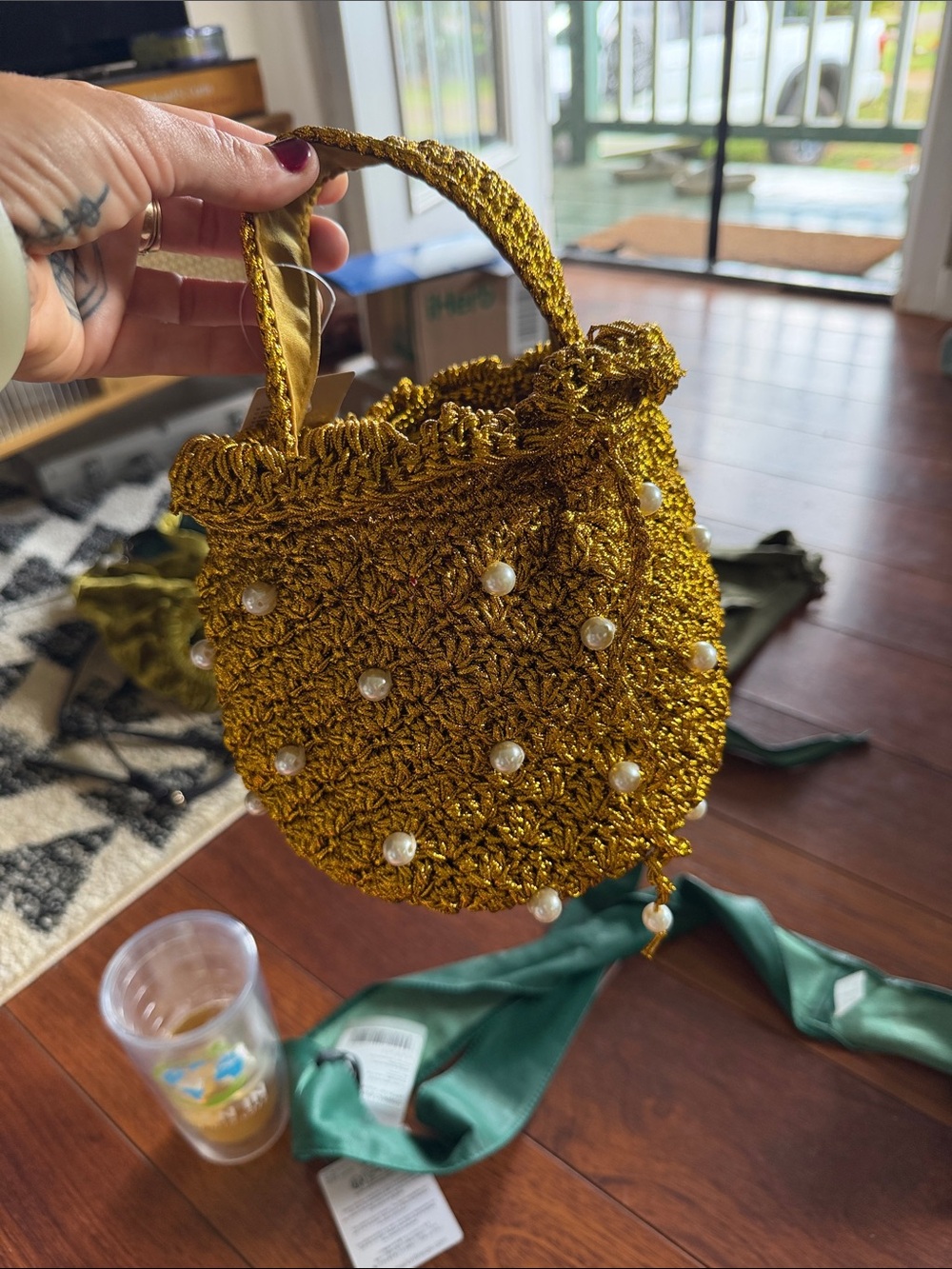 Gold Pearl-Embellished Crochet Mini Bag